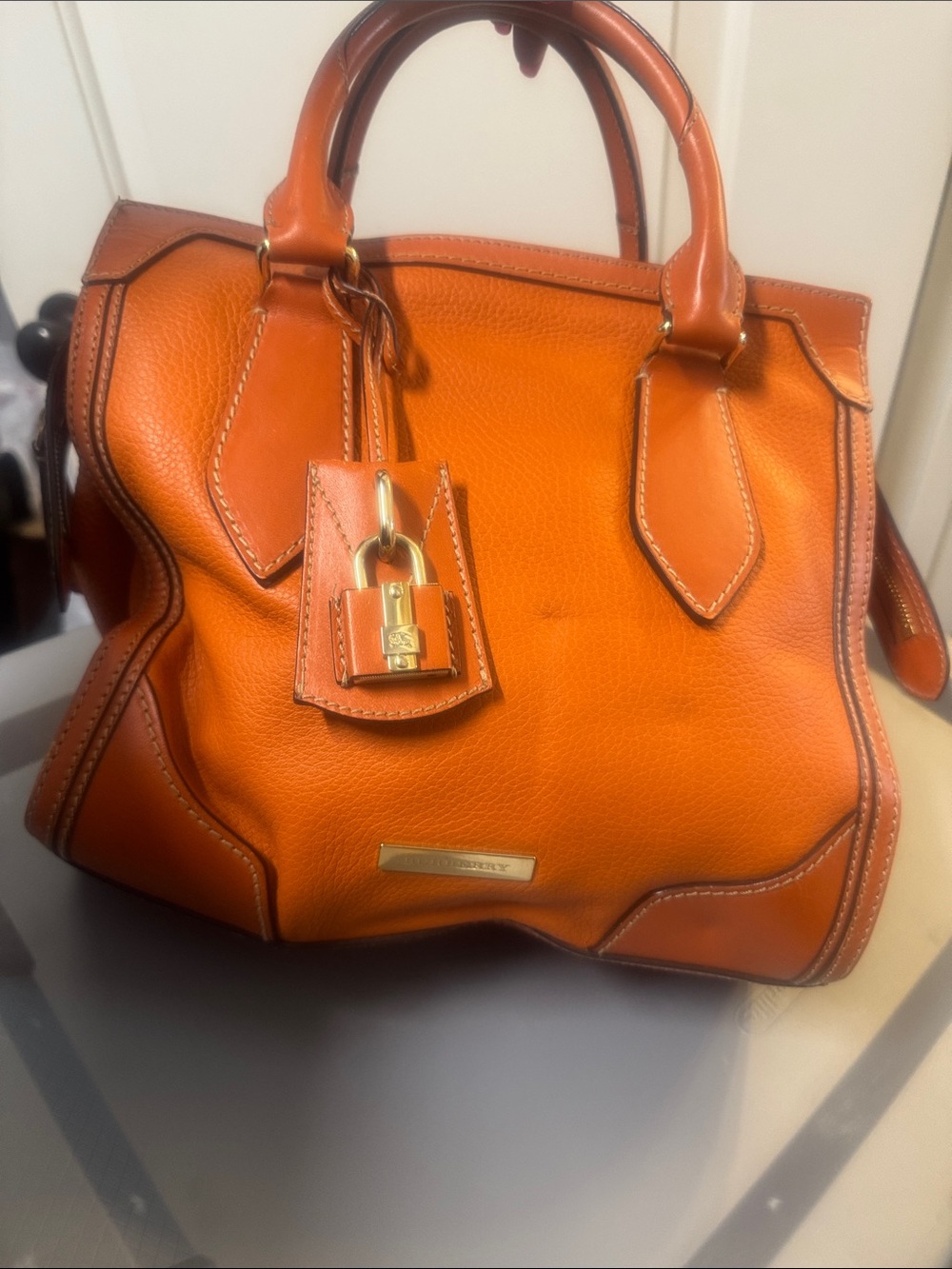 Burberry Orange Pebbled Leather Satchel with Gold Hardware